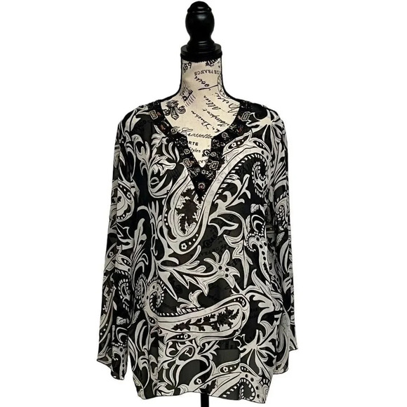 Chicos Womens Paisley Beaded Vneck Pullover Tunic Sheer Boho Peasent Silk 2 - Picture 1 of 9